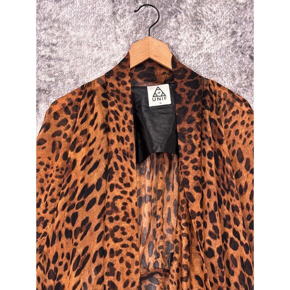 UNIF Top Medium Womens Leopard Sheer Open Front Blouse Long Sleeve - Picture 2 of 8